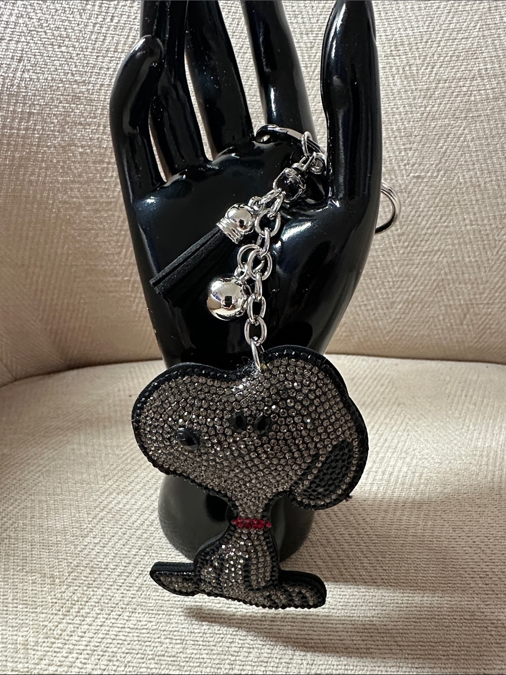 Crystal-Embellished Snoopy Dog Keychain Charm - Black & Silver